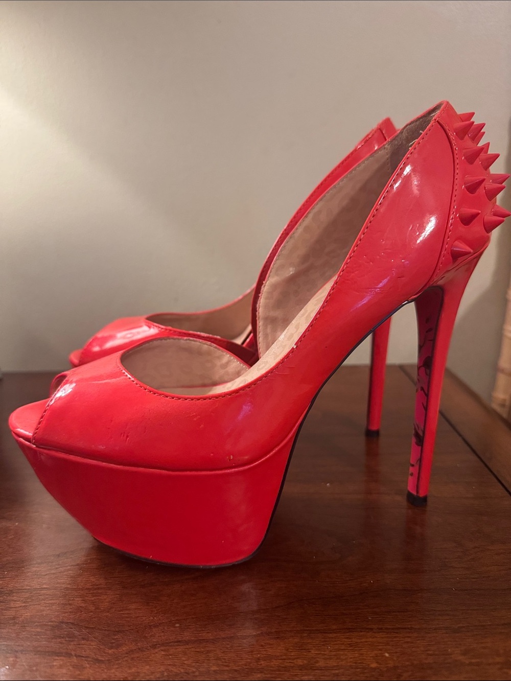 Betsey Johnson Red Patent Spike-Back Peep-Toe Platform Pumps